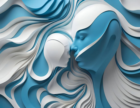 3D graphic of a man and woman arranged in the shape of a wave represent the ebb and flow of a relationship, with crests of high energy and excitement and troughs of calm and stability