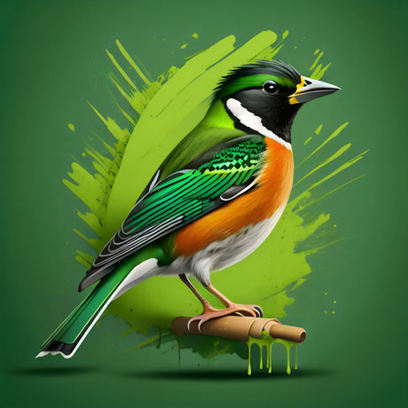 A bird with green and orange colors sitting on a paper scroll