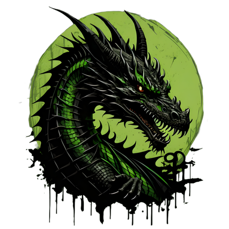 A black and green dragon The dragon is primarily black, with green highlights on its scales, wings, and eyes, creating a contrast between the two colors