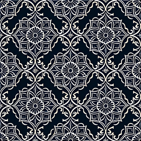 A blue and white floral pattern on a black background The pattern features various floral motifs, such as flowers, leaves, stems, or buds, arranged in a repetitive and symmetrical composition