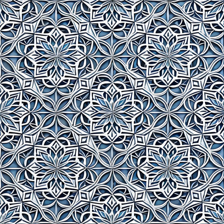 A blue and white geometric pattern, which features a repeating composition of various geometrical shapes in a blue and white color scheme