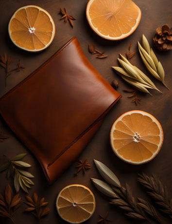 A brown leather wallet placed on a brown textured background with a beautiful arrangement of oranges and spices