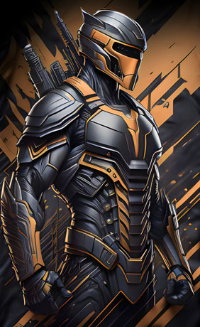 A human figure wearing black and orange armor, standing on a black background. Fiction, fantasy, video games, comics, or even military or law enforcement imagery