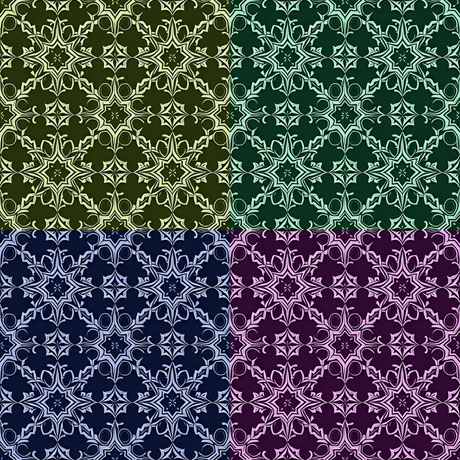 A set of four floral patterns in different colors These types of patterns are commonly used in various design projects, such as textiles, home decor, packaging, and stationery, among others