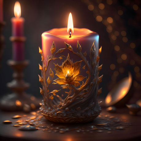 A single candle sitting on a table surrounded by other candles The candles appear to be lit, casting a warm and inviting glow across the table Warmth, comfort, and relaxation