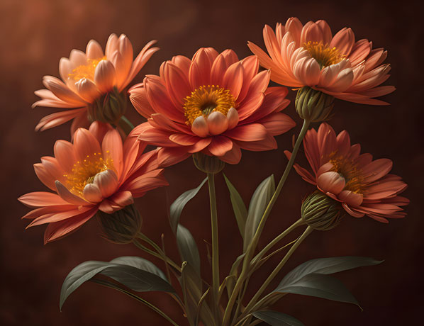 A still-life composition of four orange flowers placed in a vase against a brown background