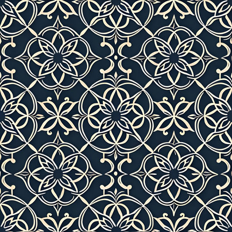 An ornamental pattern on a dark blue background The pattern features various ornamental motifs, such as vines, flowers, leaves, or geometrical shapes, arranged in a repetitive and symmetrical composition