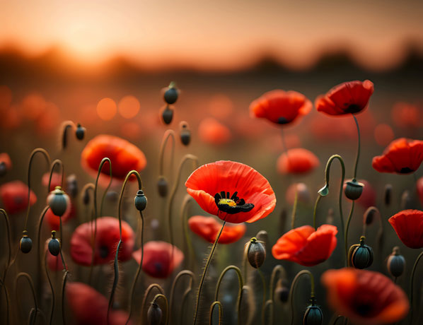 Beautiful field filled with vibrant red poppies at sunset The warm and soft light of the setting sun envelopes the field, creating a serene and peaceful atmosphere