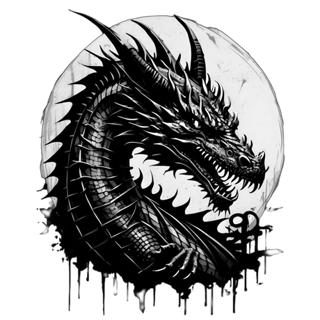 Black and white dragon is depicted in a stylized, realistic style The black and white style of the drawing emphasizes the dragon’s bold form, while creating a sense of contrast and depth