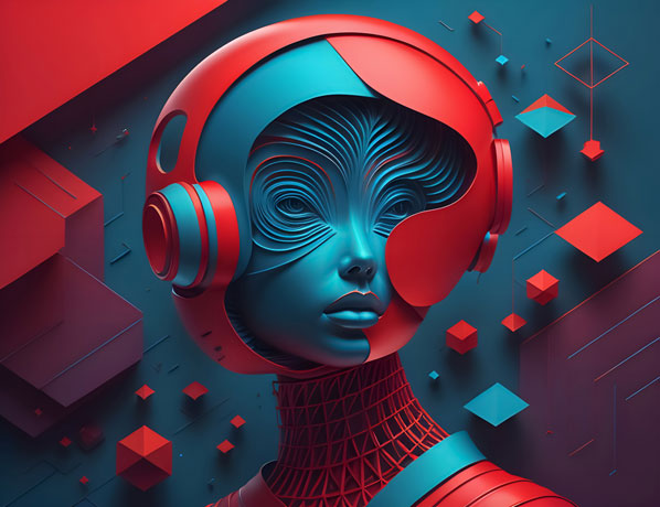 Futuristic woman wearing headphones on her head