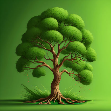 Green leafy tree deciduous with a thick, gnarled trunk and a canopy of spreading branches The roots of the tree are visible, sprawling out from the base of the trunk and extending into the surrounding soil