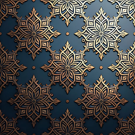 Ornate gold pattern ornate on a dark blue background The combination of gold and dark blue provides a bold and dramatic aesthetic that is often used in high-end fashion, interior design, and branding