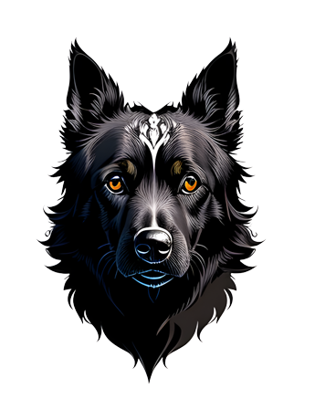 The head of a black dog on a black background An image of a dog to use as a print on a T-shirt, as well as a sticker or sketch for a tattoo