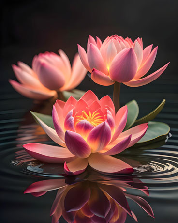 Three pink lotus flowers floating in water on a dark background