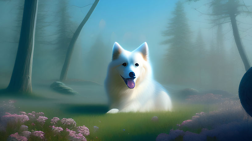 A Beautiful White Dog Finds Solace Amidst The Enchanting Surroundings Of A Lush Forest Radiating Peace And Tranquility