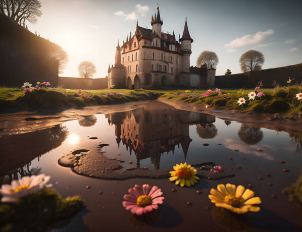 A Castle With Its Grand Architecture Reflected Beautifully In A Tranquil Puddle Of Water