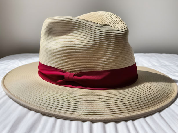 A Hat With A Striking Red Band Rests Gracefully On A Cozy Bed