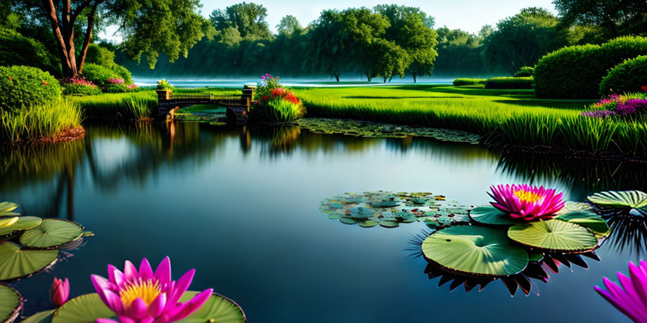 A Serene Pond Adorned With Blooming Water Lilies And A Bridge Spanning Across It