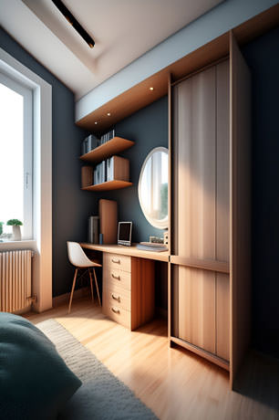 A Visually Stunning 3d Rendering Of A Bedroom Featuring A Desk And A Bookshelf Inviting Creativity And Knowledge Within The Space