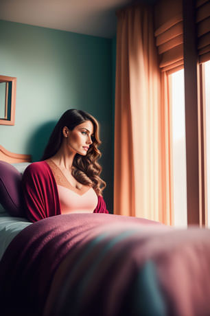 A Woman Is Seated On A Bed Gazing Out Of The Window Introspectively