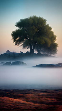 Amidst The Ethereal Embrace Of Fog A Solitary Tree Stands Tall Casting Its Enchanting Silhouette On A Tranquil Island