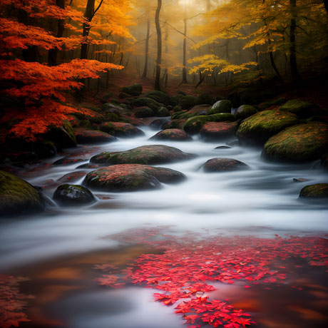 Autumn Splendor A Picturesque Stream Winds Through A Vibrant Forest Adorned With Fiery Red Leaves Painting A Scene Of Autumnal Magic