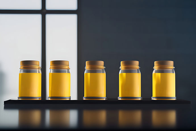 Bright Yellow Jars Lined Up Neatly On A Sunlit Table Casting Vibrant Colors As They Catch The Light Through The Window