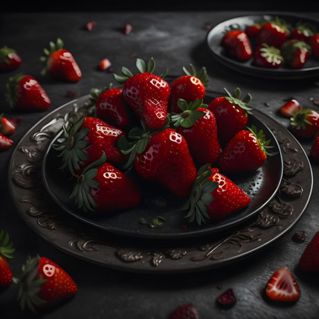 Dark Plate Containing Strawberries Placed On Top Of A Dark Background