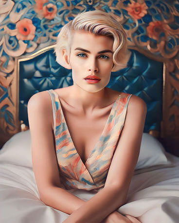 Gorgeous Blonde Woman On A Cozy Bed Radiating Elegance And Tranquility With Her Captivating Presence