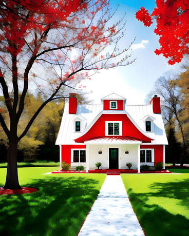 In A Burst Of Vibrant Colors A Charming Red And White House Stands Out Exuding Character And Cheerfulness In Its Picturesque Setting