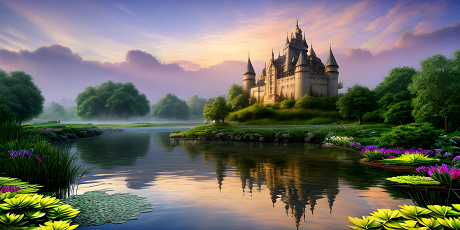 Majestic Castle Situated On A Serene Lake Surrounded By Lily Pads Creating A Picturesque Scene Of Tranquility And Grandeur