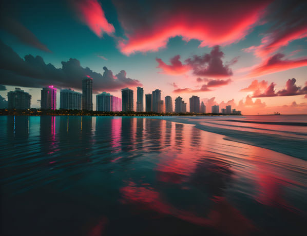 Majestic Skyline Of Miami During Sunset Displaying The Citys Iconic Buildings Against A Vibrant And Colorful Sky