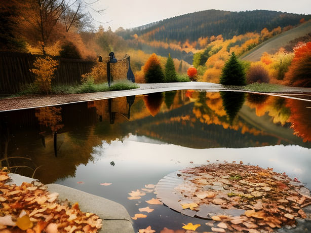 Natures Mirror An Enchanting Scene Unfolds As Vibrant Autumn Leaves Reflect The Serene Beauty Of A Shimmering Pond