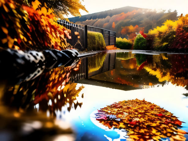 Natures Mirrored Palette Vibrant Autumn Leaves Create A Stunning Reflection In A Serene Puddle Showcasing The Beauty Of The Seasonal Transformation