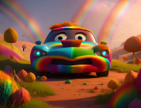 Racing Through A Rainbow Wonderland This Playful Cartoon Car Embarks On An Adventure In Natures Abundance