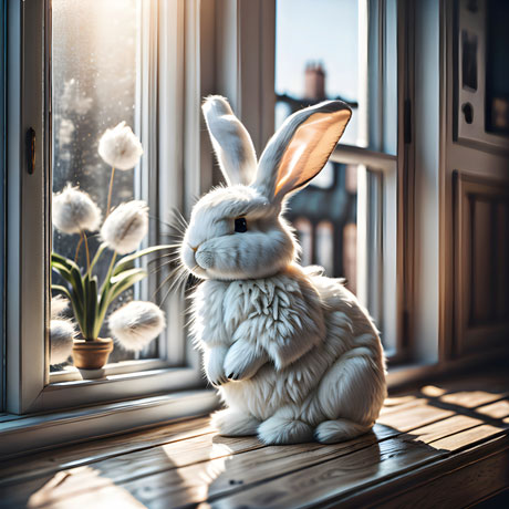 Seated With Grace A White Bunny Gazes Through The Glass Captivated By The Vibrant World Unfolding Outside