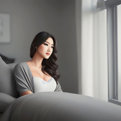 Stunning Asian Woman Elegantly Sitting On A Bed Exuding Grace Beauty And A Sense Of Tranquility