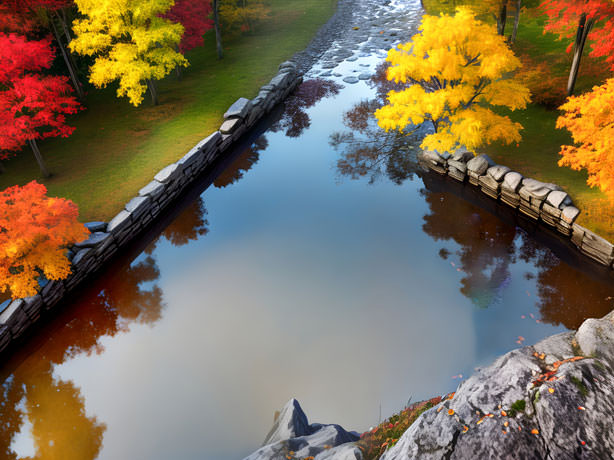 The Autumnal Serenity Of Nature Is Captured In A Picturesque River Scene Where It Meanders Gracefully Through Lush Green Landscapes That Beckon To Tranquility