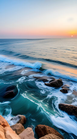 The Beauty Of A Serene Sunset Over The Ocean With Waves Crashing Against The Rugged Rocks