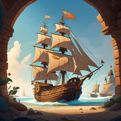 The Pirate Ship Moored In Natures Majestic Archway Overlooking The Serene Beach Sands