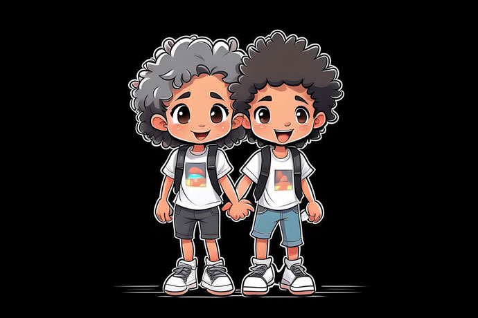 Two Cartoon Boys With Joyful Expressions Standing Against A Striking Black Background Tightly Holding Hands