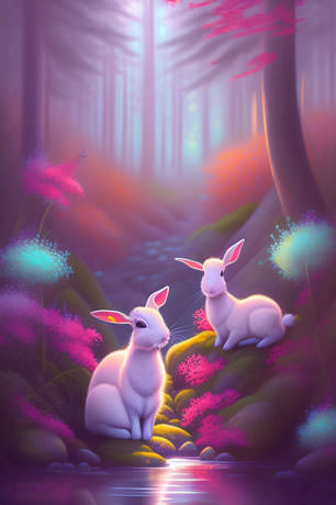 Two Hares Embrace Natures Beauty By A Meandering Forest Stream