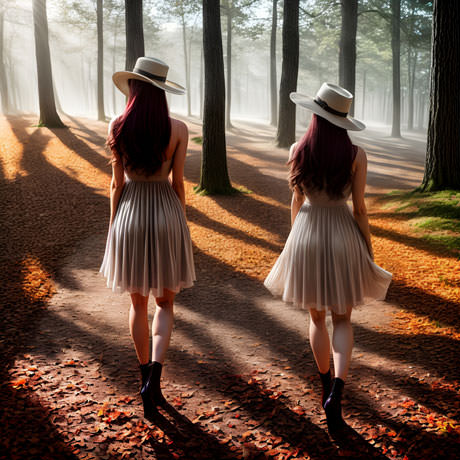 Two Women Walking Together On A Path Surrounded By Trees In An Autumn Forest Setting