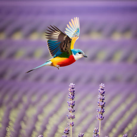 Vibrant Symphony As This Colorful Bird Soars Gracefully Its Vibrant Plumage Adds A Mesmerizing Burst Of Beauty To The Picturesque Lavender Fields Below